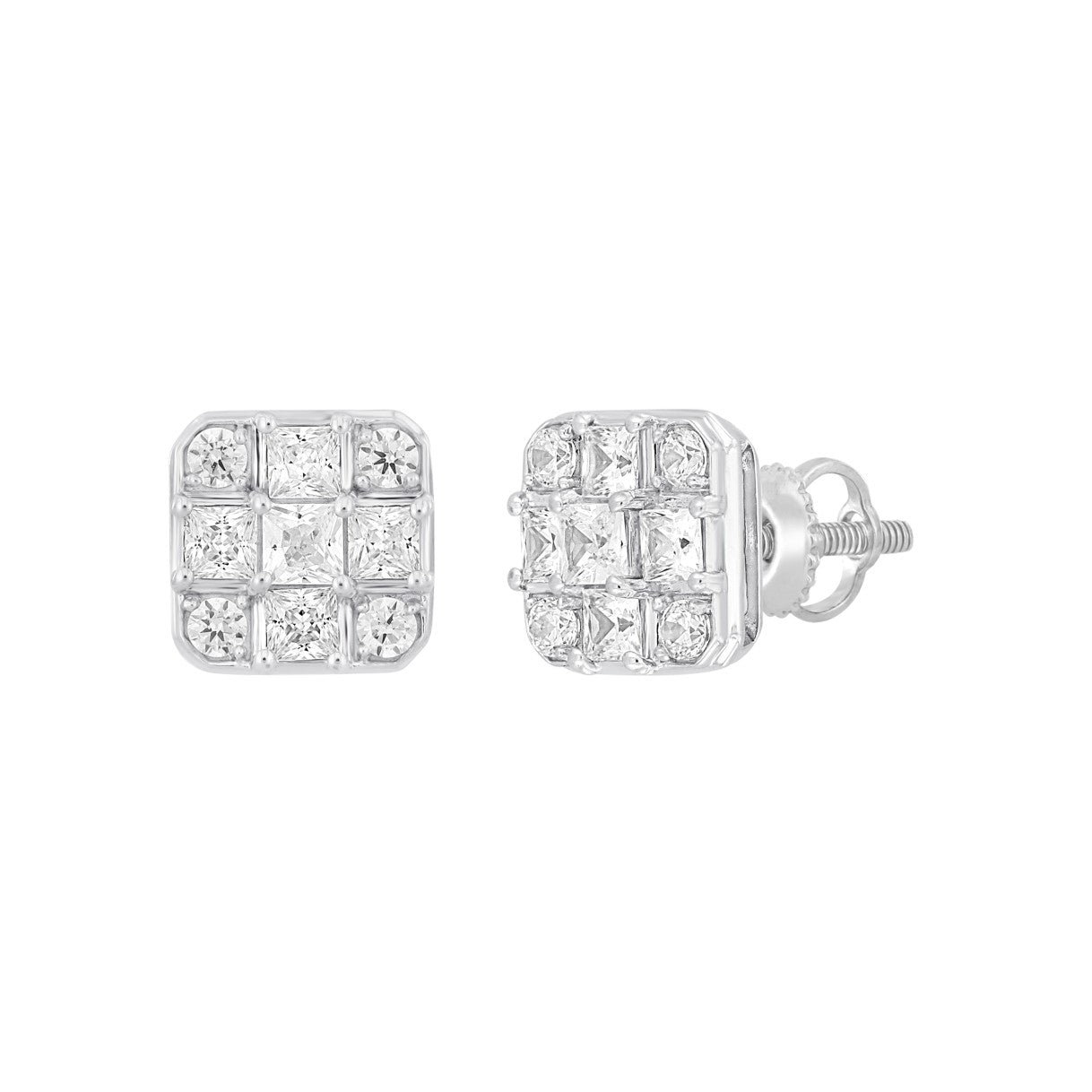 LADIES EARRINGS 1CT ROUND/PRINCESS DIAMOND 14K WHITE GOLD