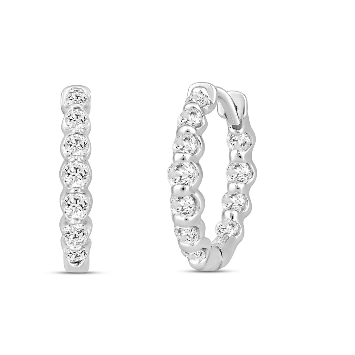 LADIES HOOPS EARRINGS 3/4CT ROUND DIAMOND 14K WHITE GOLD 