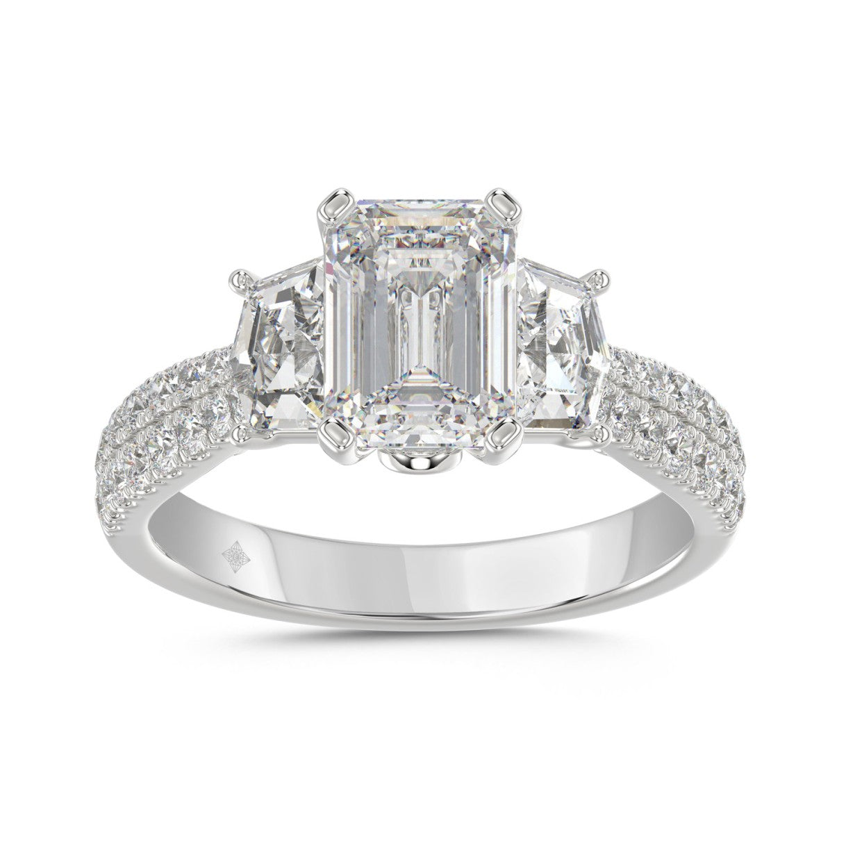 LADIES RING 3CT ROUND/EMERALD/CADILLAC DIAMOND 14K WHITE GOLD (CENTER STONE EMERALD DIAMOND 2CT )