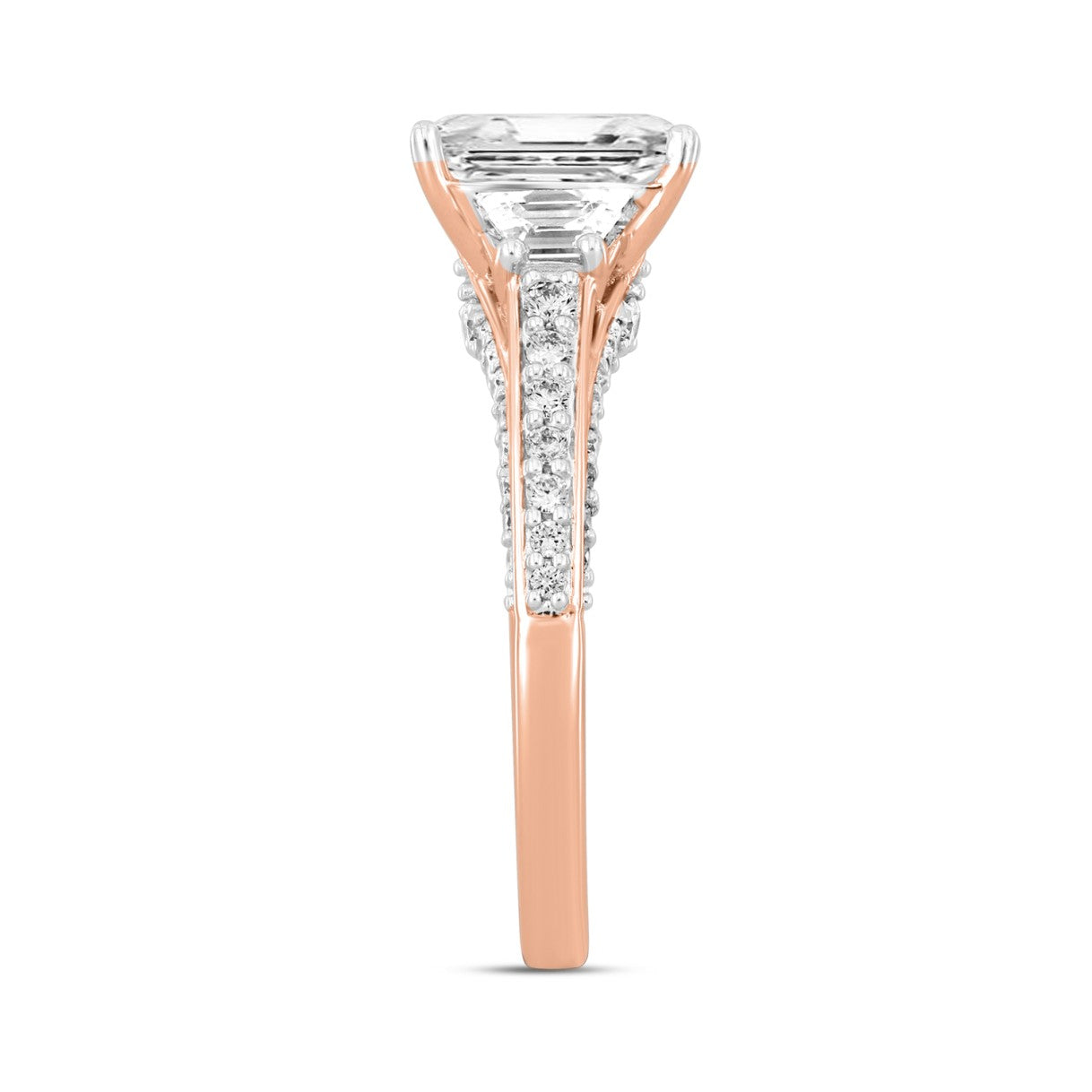LADIES RING 3CT ROUND/EMERALD/TRAPEZOID DIAMOND 14K ROSE GOLD (CENTER STONE EMERALD DIAMOND 2CT)