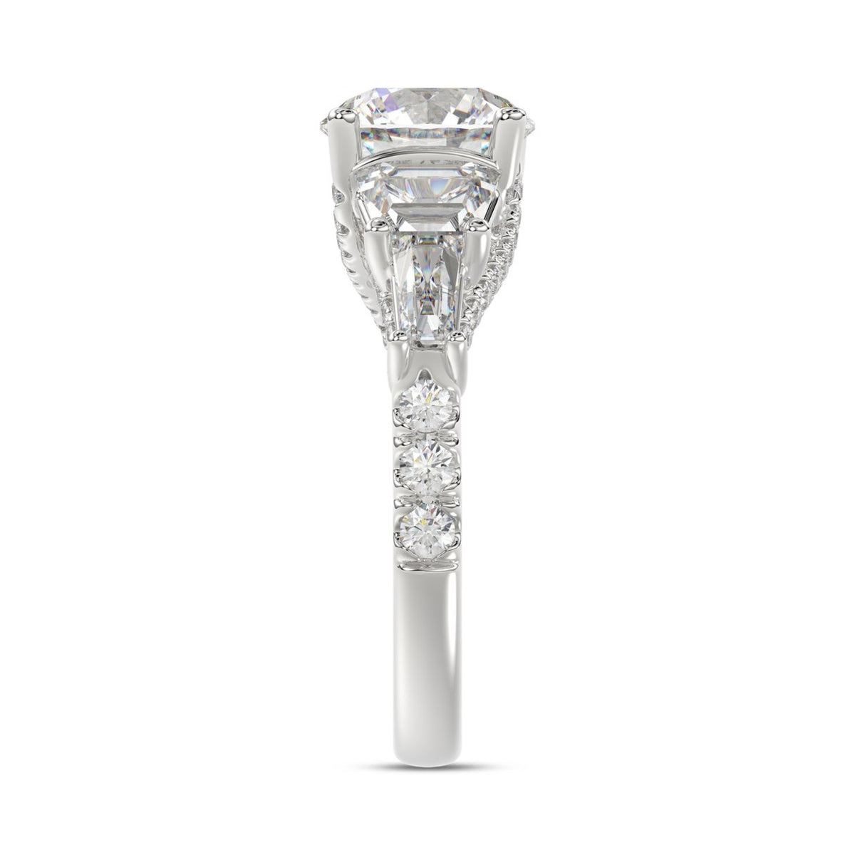 LADIES RING 3 3/4CT ROUND/TRAPEZOID/tapered baguette DIAMOND 14K WHITE GOLD (CENTER STONE ROUND DIAMOND 2CT )