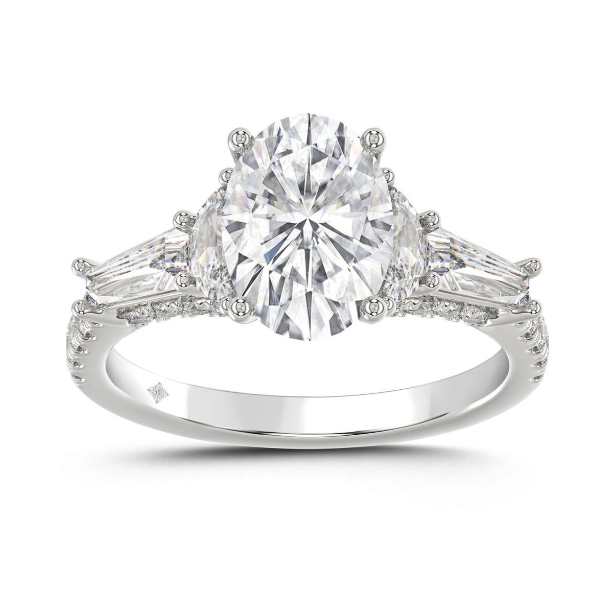 LADIES RING 3 1/2CT ROUND/HALF MOON/OVAL/TAPER BAGUETTE DIAMOND 14K WHITE GOLD (CENTER STONE OVAL DIAMOND 2CT )