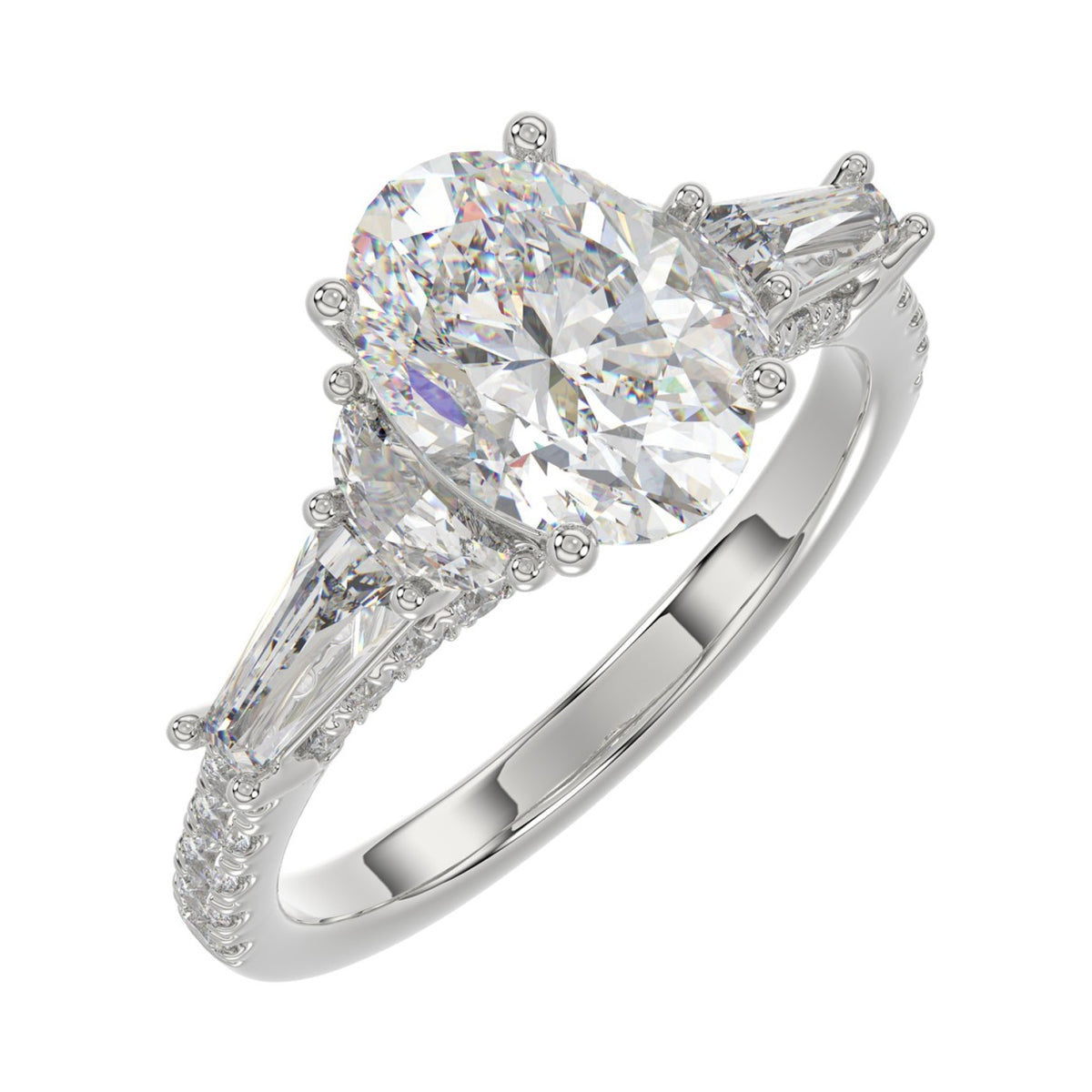LADIES RING 3 1/2CT ROUND/HALF MOON/OVAL/TAPER BAGUETTE DIAMOND 14K WHITE GOLD (CENTER STONE OVAL DIAMOND 2CT )