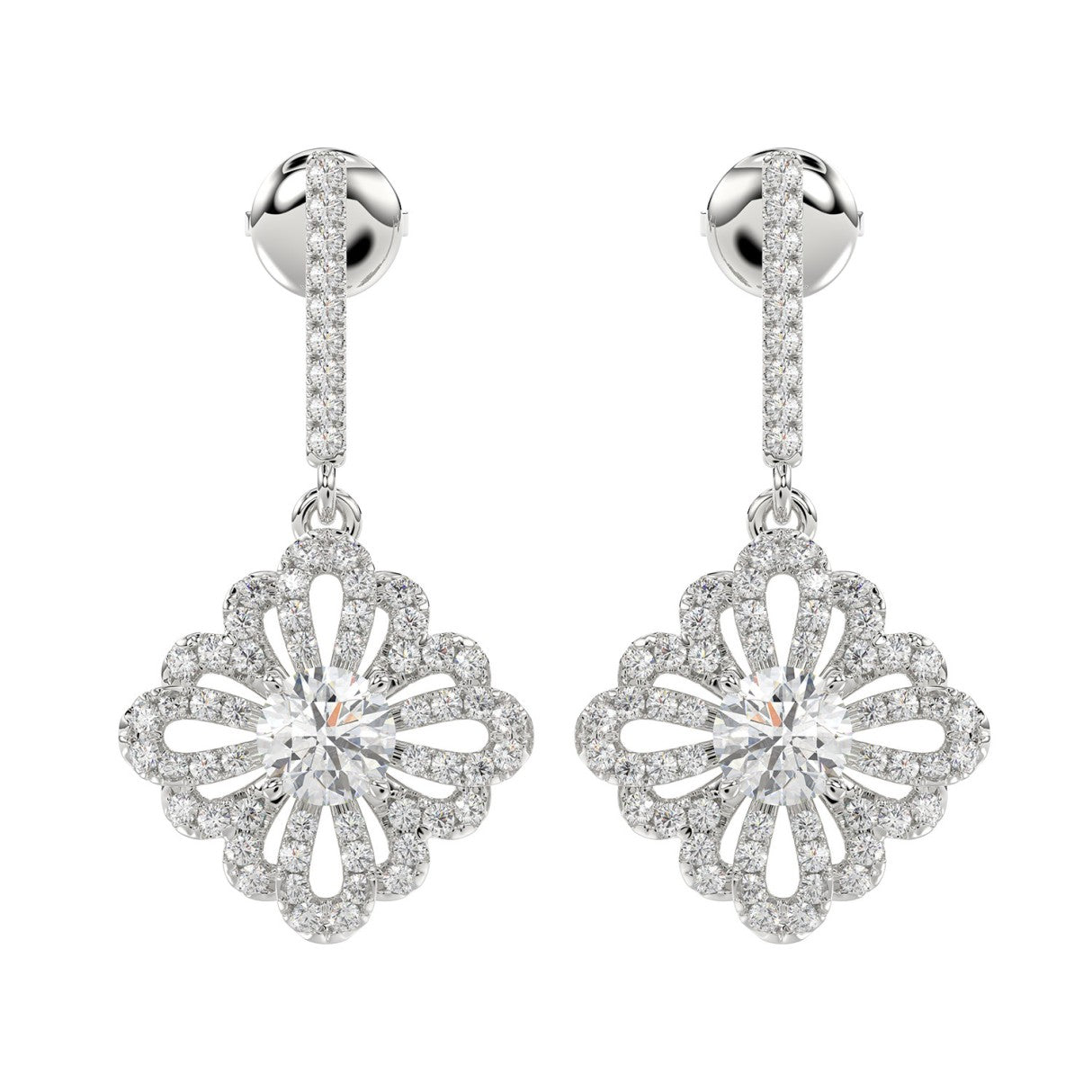 LADIES EARRINGS 1 3/4CT ROUND DIAMOND 14K WHITE GOLD