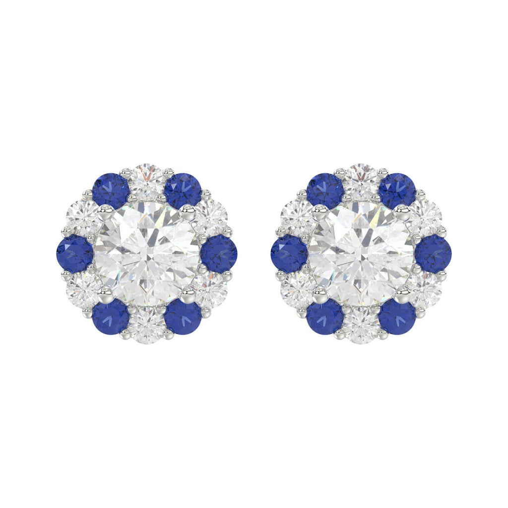 14K WHITE GOLD 2 5/8CT ROUND/ ROUND BLUE SAPPHIRE DIAMOND LADIES EARRING (CENTER STONE ROUND DIAMOND 2CT)