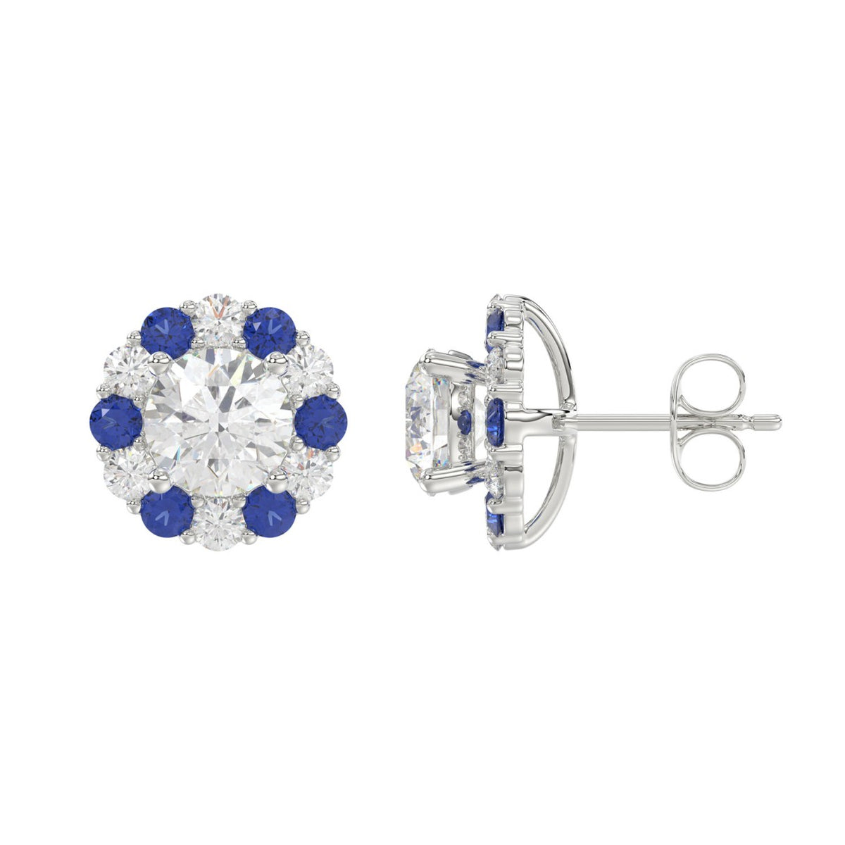 14K WHITE GOLD 2 5/8CT ROUND/ ROUND BLUE SAPPHIRE DIAMOND LADIES EARRING (CENTER STONE ROUND DIAMOND 2CT)