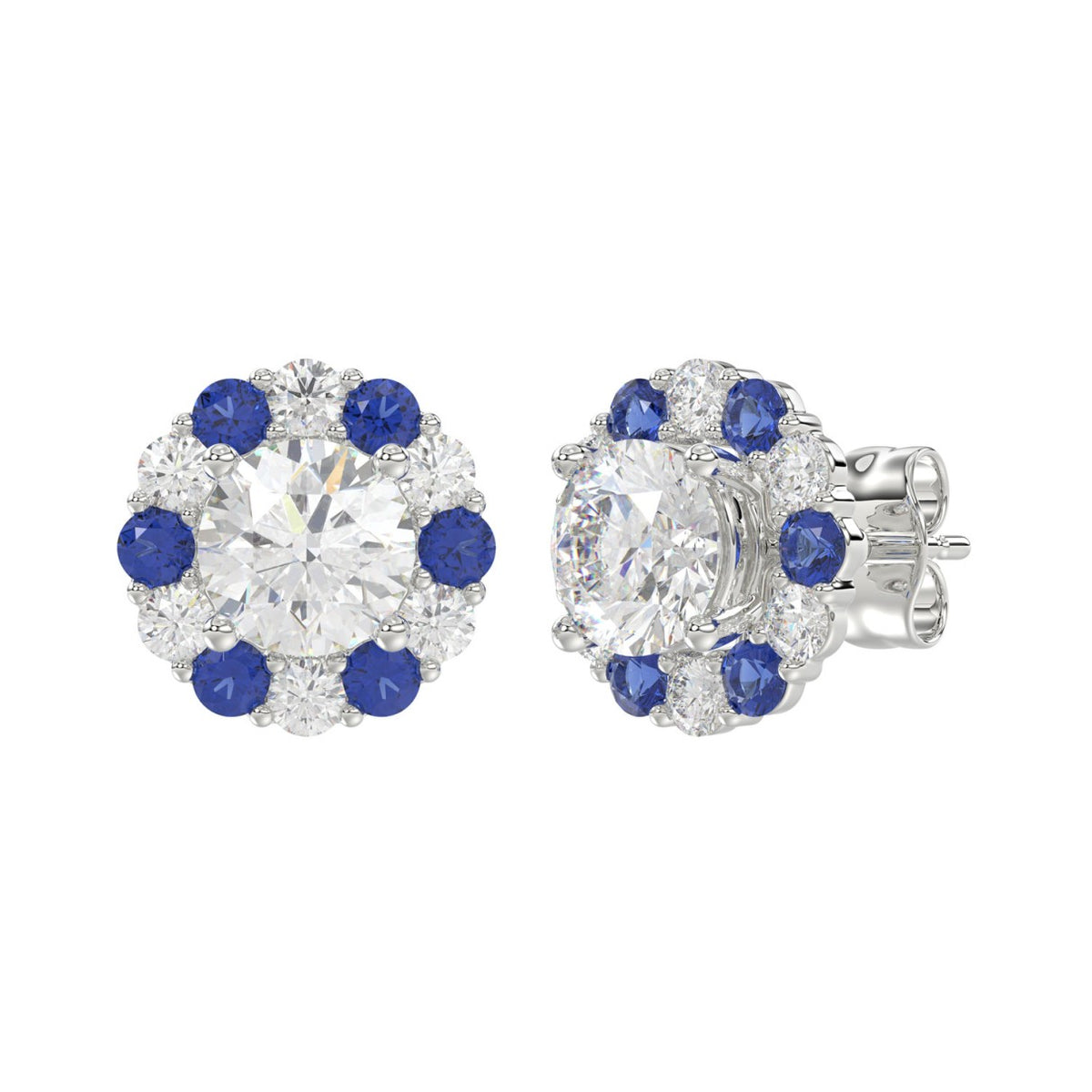 14K WHITE GOLD 2 5/8CT ROUND/ ROUND BLUE SAPPHIRE DIAMOND LADIES EARRING (CENTER STONE ROUND DIAMOND 2CT)