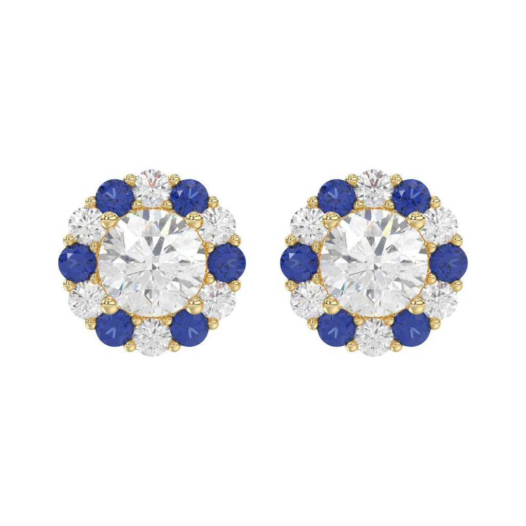 14K YELLOW GOLD 2 5/8CT ROUND/ ROUND BLUE SAPPHIRE DIAMOND LADIES EARRING (CENTER STONE ROUND DIAMOND 2CT)