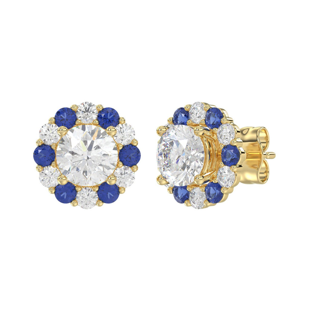14K YELLOW GOLD 2 5/8CT ROUND/ ROUND BLUE SAPPHIRE DIAMOND LADIES EARRING (CENTER STONE ROUND DIAMOND 2CT)