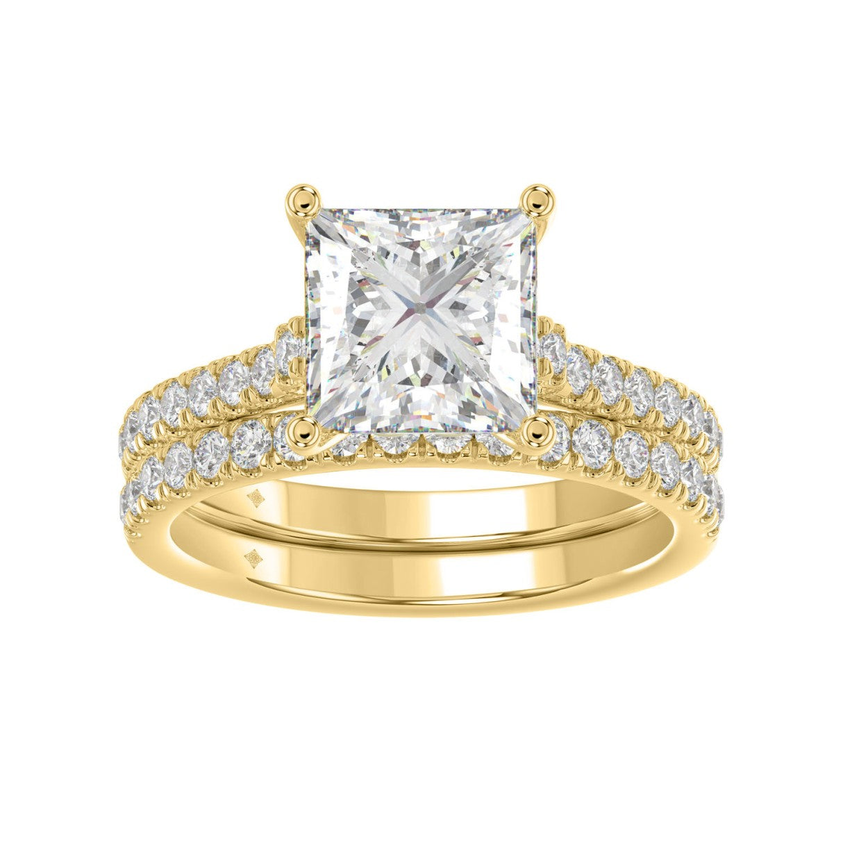 14K YELLOW GOLD 3 1/2CT ROUND/PRINCESS DIAMOND LADIES BRIDAL SET (CENTER STONE PRINCESS DIAMOND 3CT)