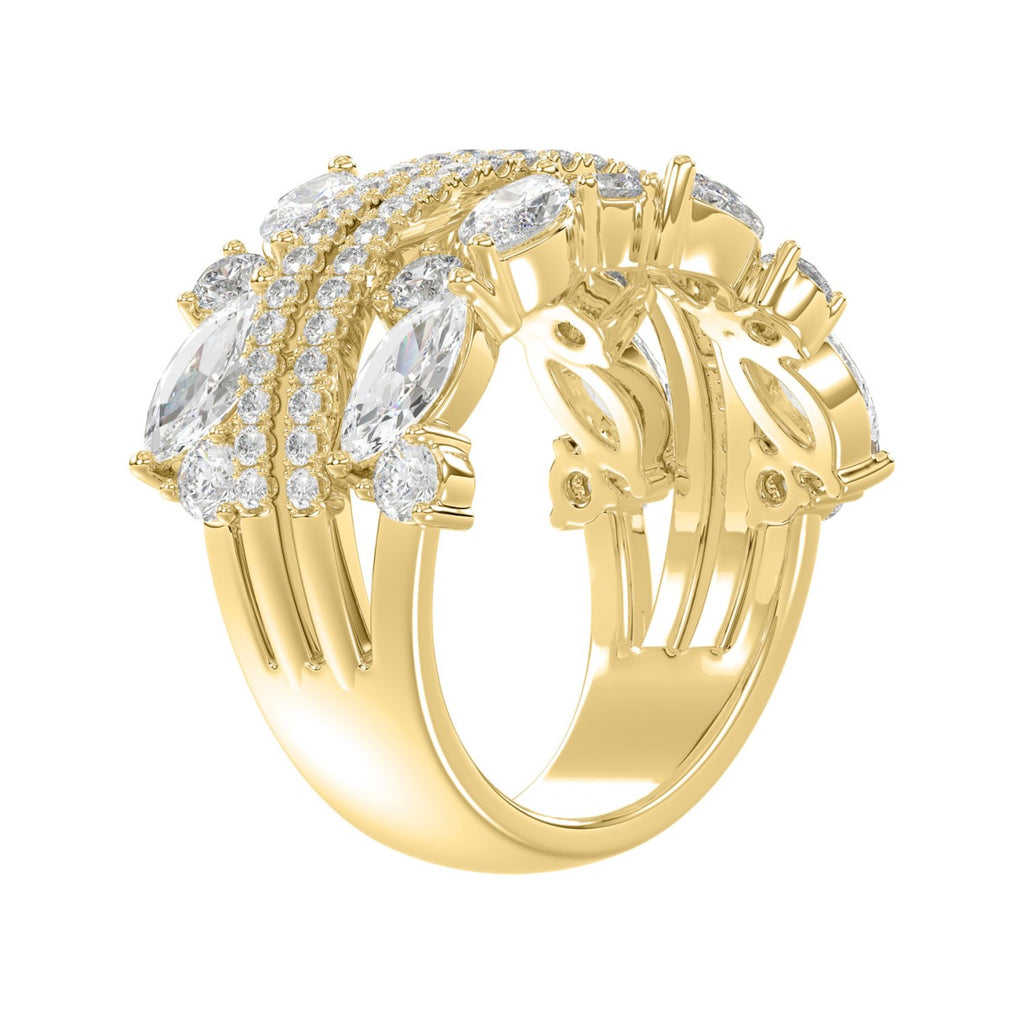 This is a diamond 14k cluster Ladies 2CT  Ring featuring Marquise-shaped and round-cut diamonds in a leaf or floral motif set in Yellow gold (Color F-G  Clarity VS1/VS2)