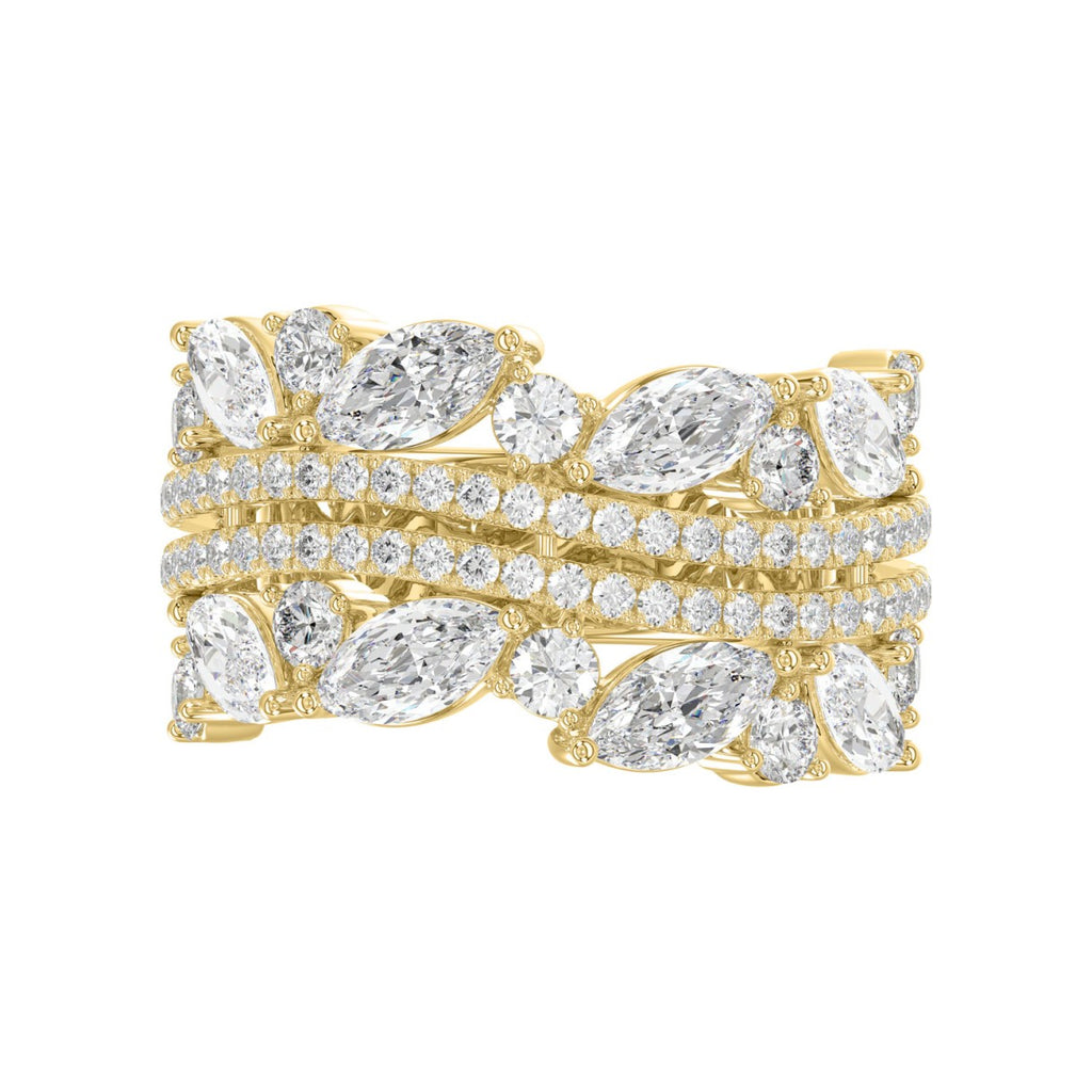 This is a diamond 14k cluster Ladies 2CT  Ring featuring Marquise-shaped and round-cut diamonds in a leaf or floral motif set in Yellow gold (Color F-G  Clarity VS1/VS2)