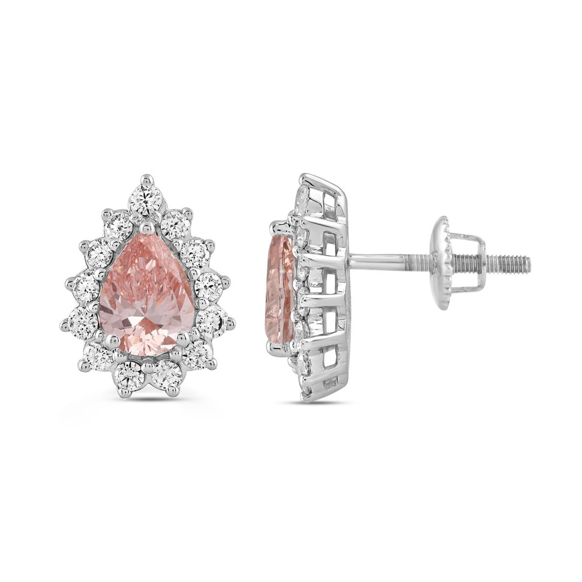 ETERNAL BLUSH COLLECTION LADIES EARRINGS  3CT ROUND/PEAR DIAMOND 14K WHITE GOLD  (CENTER STONE PINK PEAR DIAMOND 1CT)
