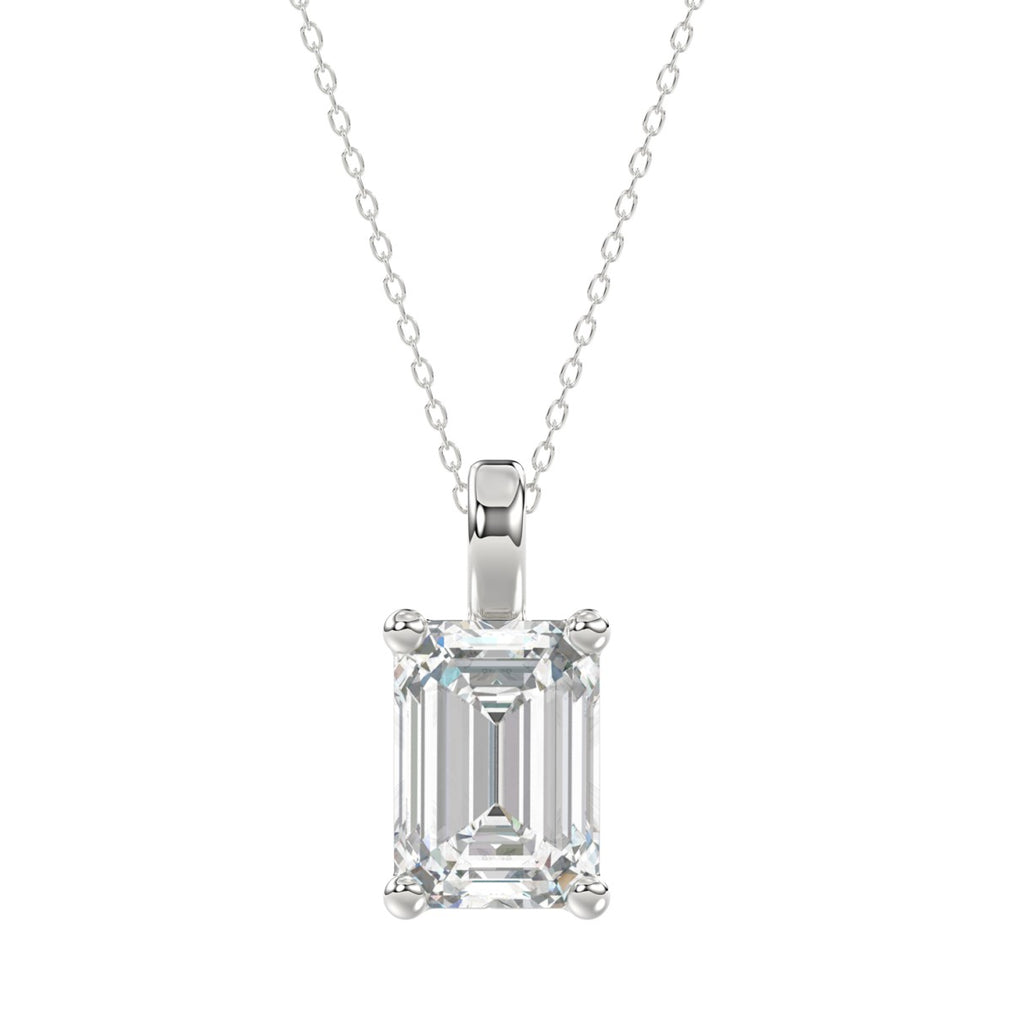 LADIES SOLITAIRE PENDANT WITH CHAIN 4CT EMERALD DIAMOND 14K WHITE GOLD 