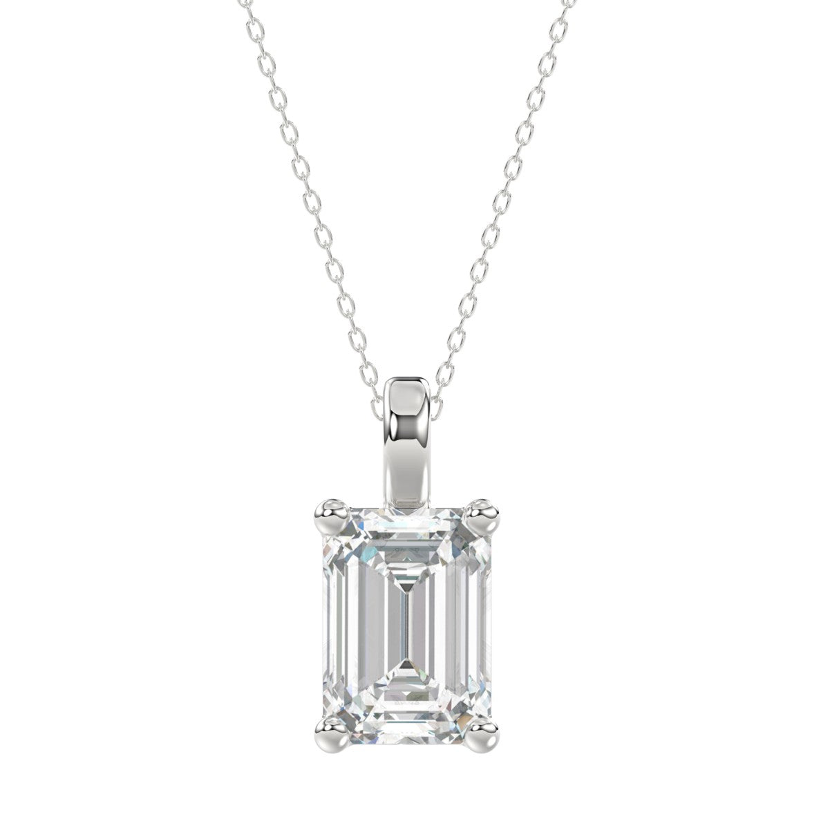 LADIES SOLITAIRE PENDANT WITH CHAIN 4CT EMERALD DIAMOND 14K WHITE GOLD 