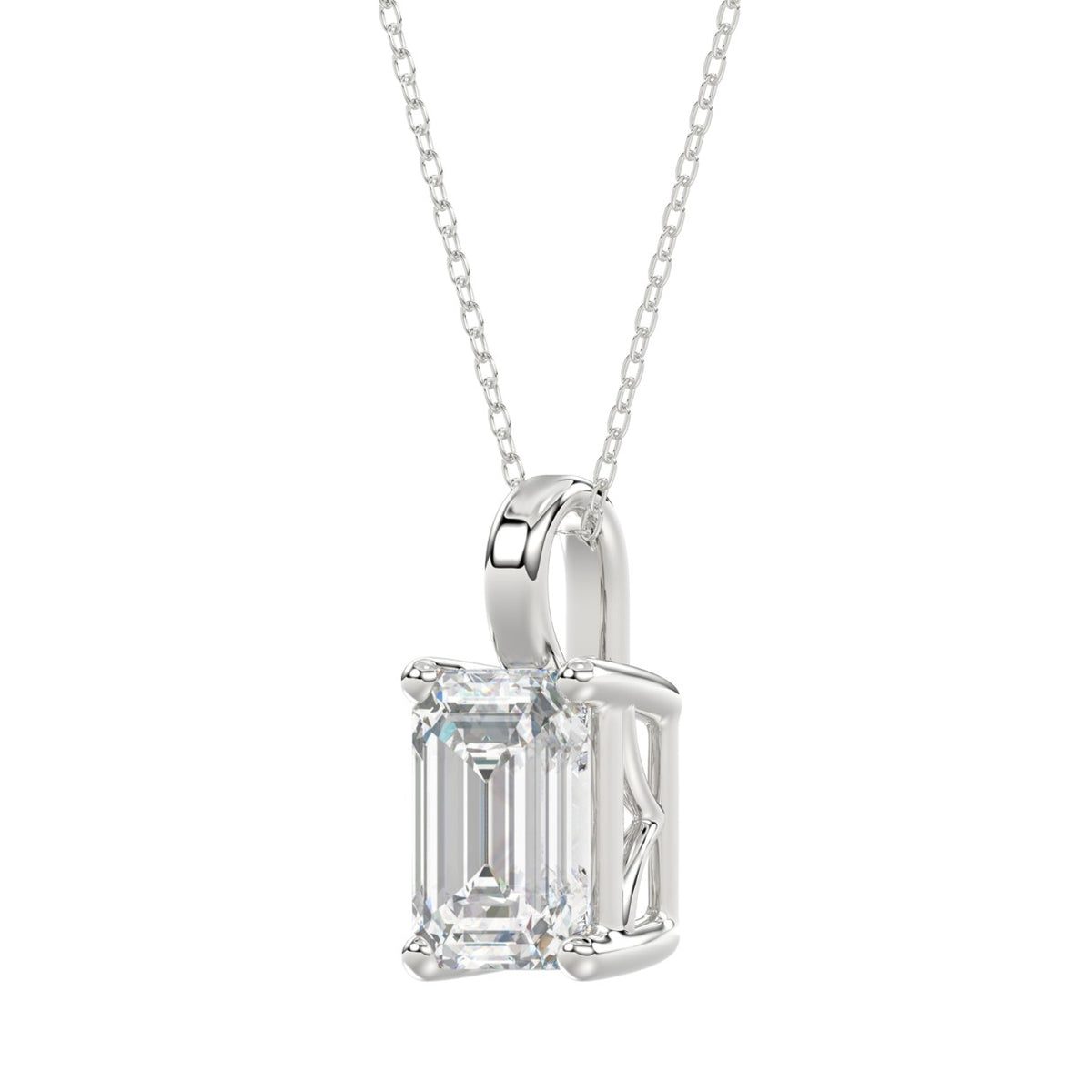 LADIES SOLITAIRE PENDANT WITH CHAIN 4CT EMERALD DIAMOND 14K WHITE GOLD 