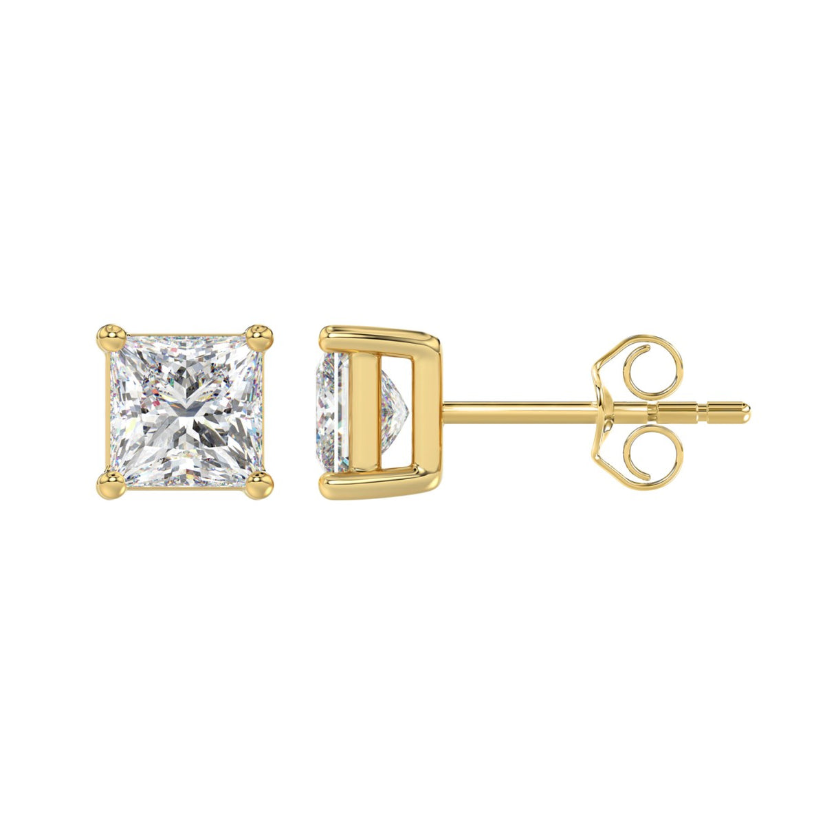 LADIES SOLITAIRE EARRINGS 2 1/2CT PRINCESS DIAMOND 14K YELLOW GOLD 