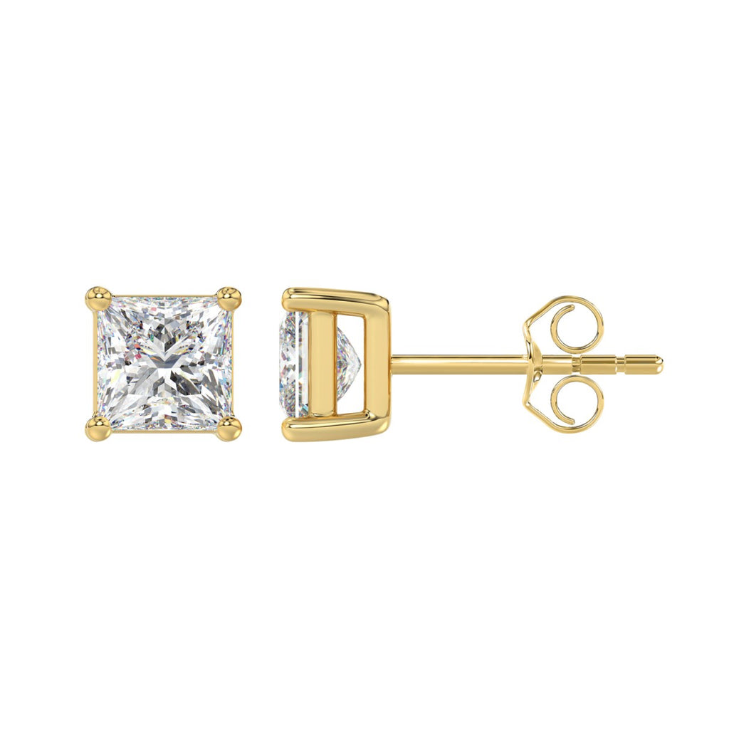 LADIES SOLITAIRE EARRINGS 2 1/2CT PRINCESS DIAMOND 14K YELLOW GOLD 
