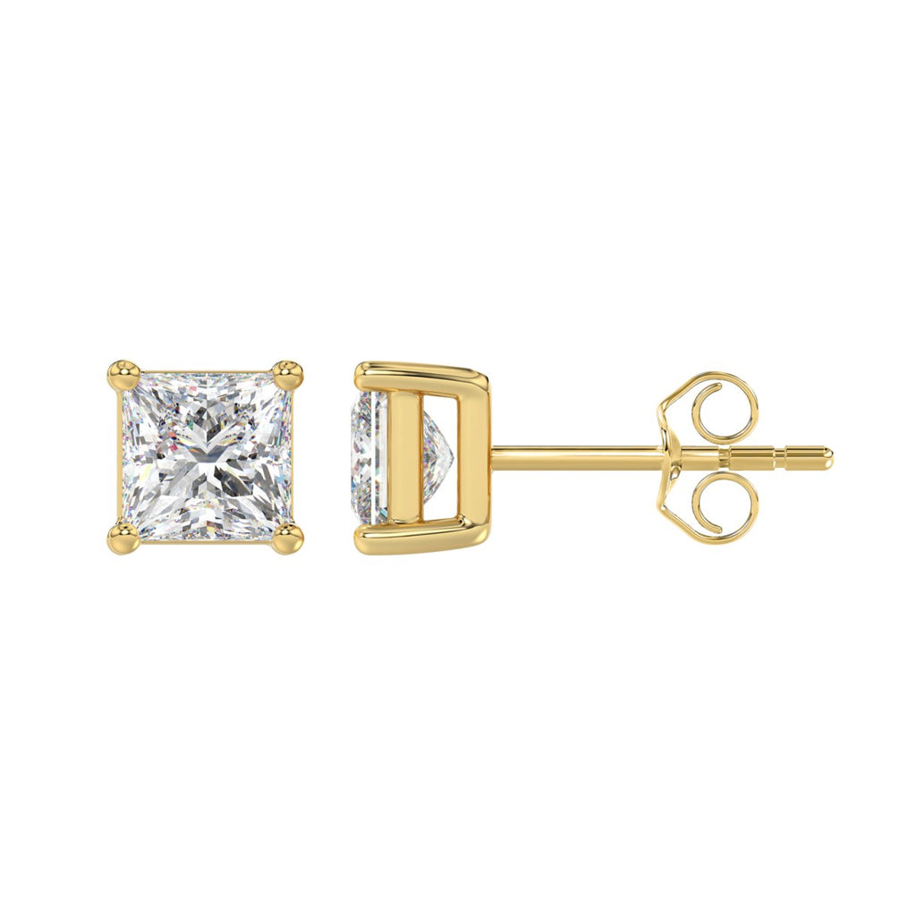 LADIES SOLITAIRE EARRINGS 2 1/2CT PRINCESS DIAMOND 14K YELLOW GOLD 