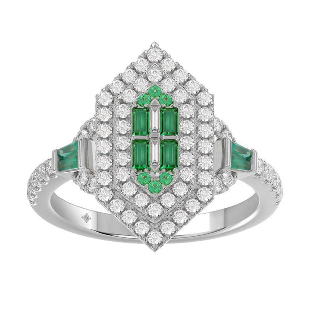 14K WHITE GOLD 1 1/6CT ROUND/BAGUETTE/EMERALD DIAMOND LADIES RING (GREEN EMERALD BAGUETTE DIAMOND 1/6CT)