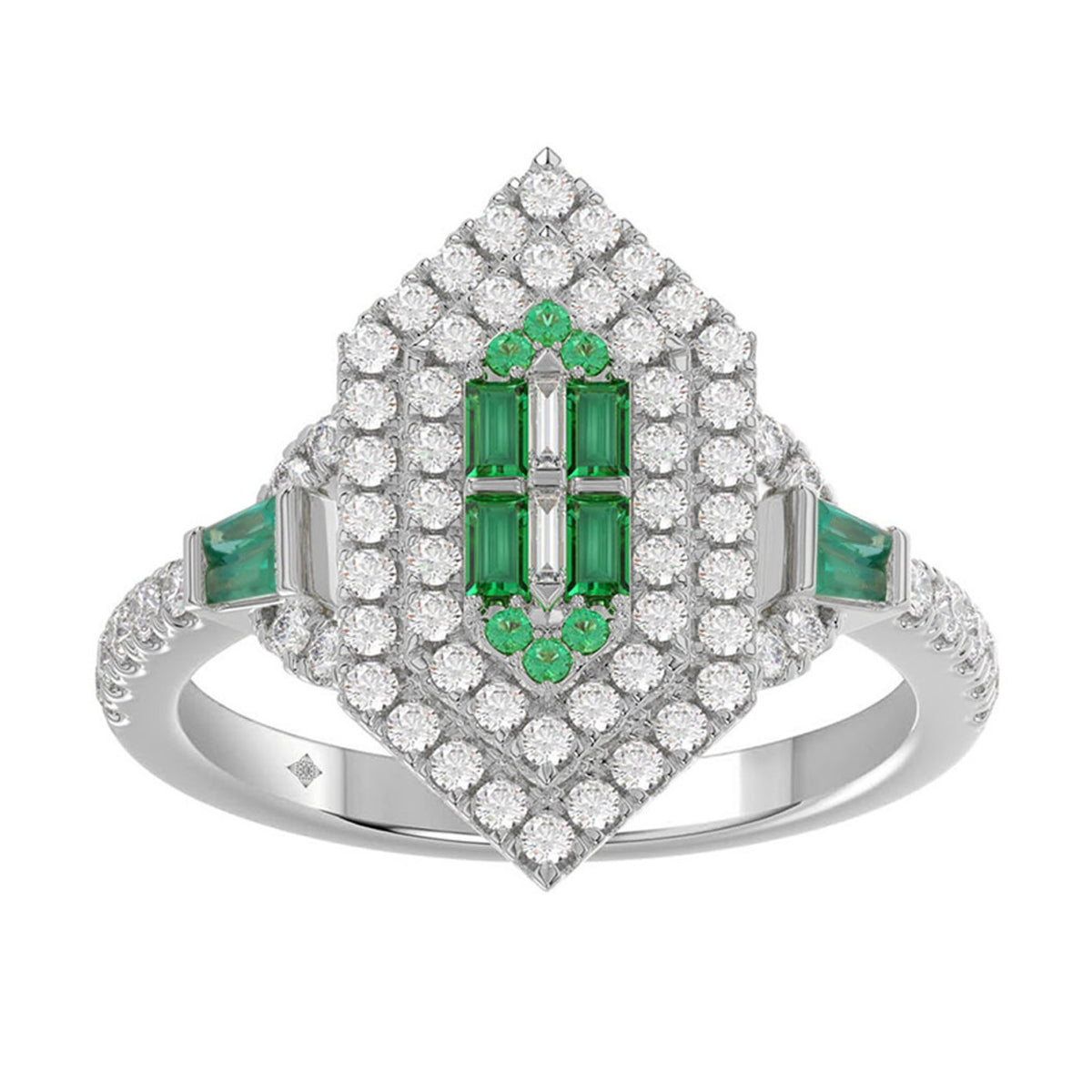 14K WHITE GOLD 1 1/6CT ROUND/BAGUETTE/EMERALD DIAMOND LADIES RING (GREEN EMERALD BAGUETTE DIAMOND 1/6CT)