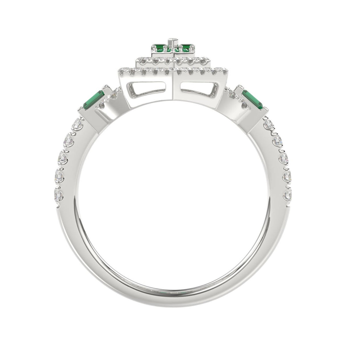 14K WHITE GOLD 1 1/6CT ROUND/BAGUETTE/EMERALD DIAMOND LADIES RING (GREEN EMERALD BAGUETTE DIAMOND 1/6CT)