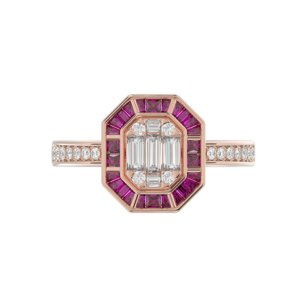 LADIES RING 3/4CT ROUND/BAGUETTE/PRINCESS TRAPEZOID RUBY DIAMOND 14K ROSE GOLD