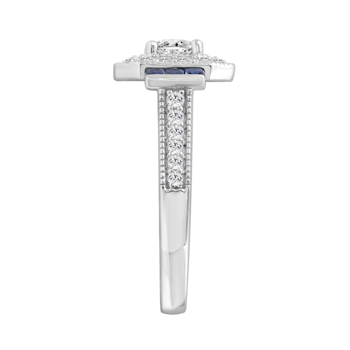 LADIES RING 1CT ROUND/PRINCESS BLUE SAPPHIRE DIAMOND 14K WHITE GOLD (CENTER STONE ROUND DIAMOND 1/6CT )