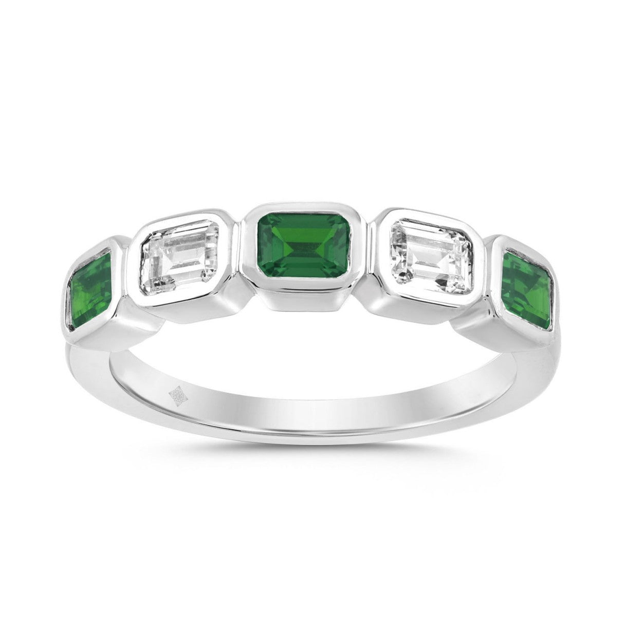 14K White Gold 1.00 CT Green Emerald &amp; White Diamond Alternating Band Ring