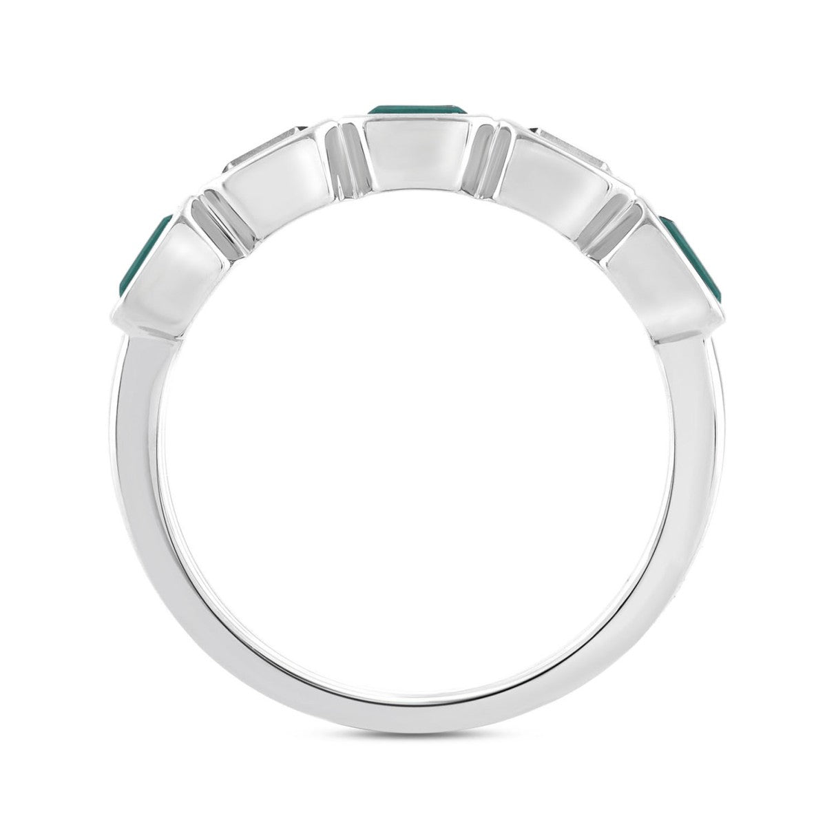14K White Gold 1.00 CT Green Emerald &amp; White Diamond Alternating Band Ring