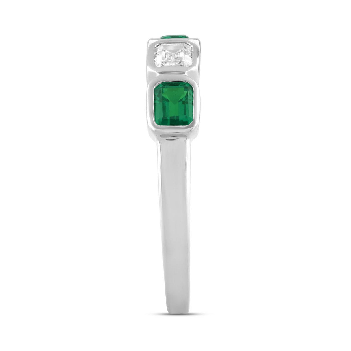14K White Gold 1.00 CT Green Emerald &amp; White Diamond Alternating Band Ring