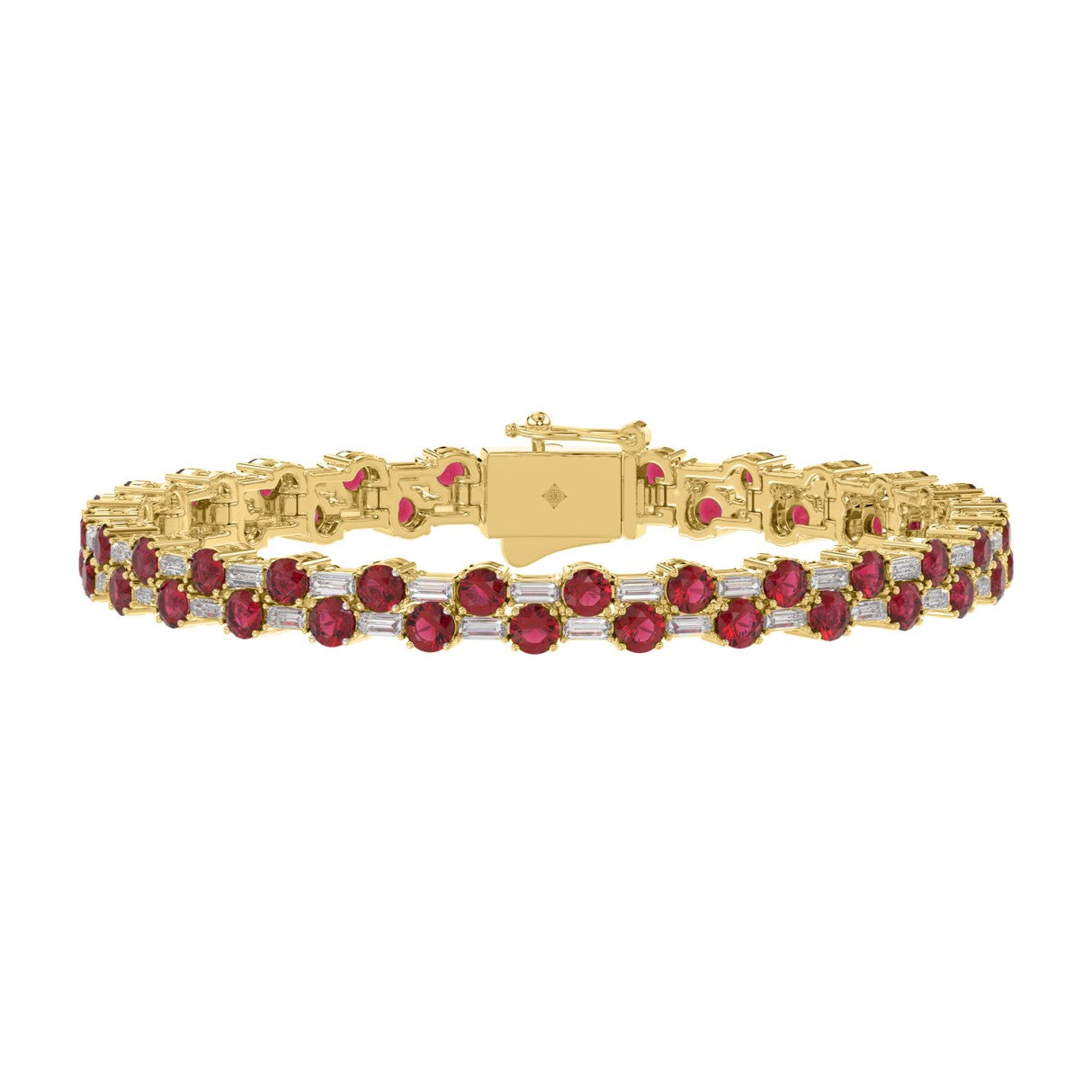 14K YELLOW GOLD 9.00CT BAGUETTE/ROUND RUBY DIAMOND LADIES BRACELET (ROUND RUBY 7 3/4CT)