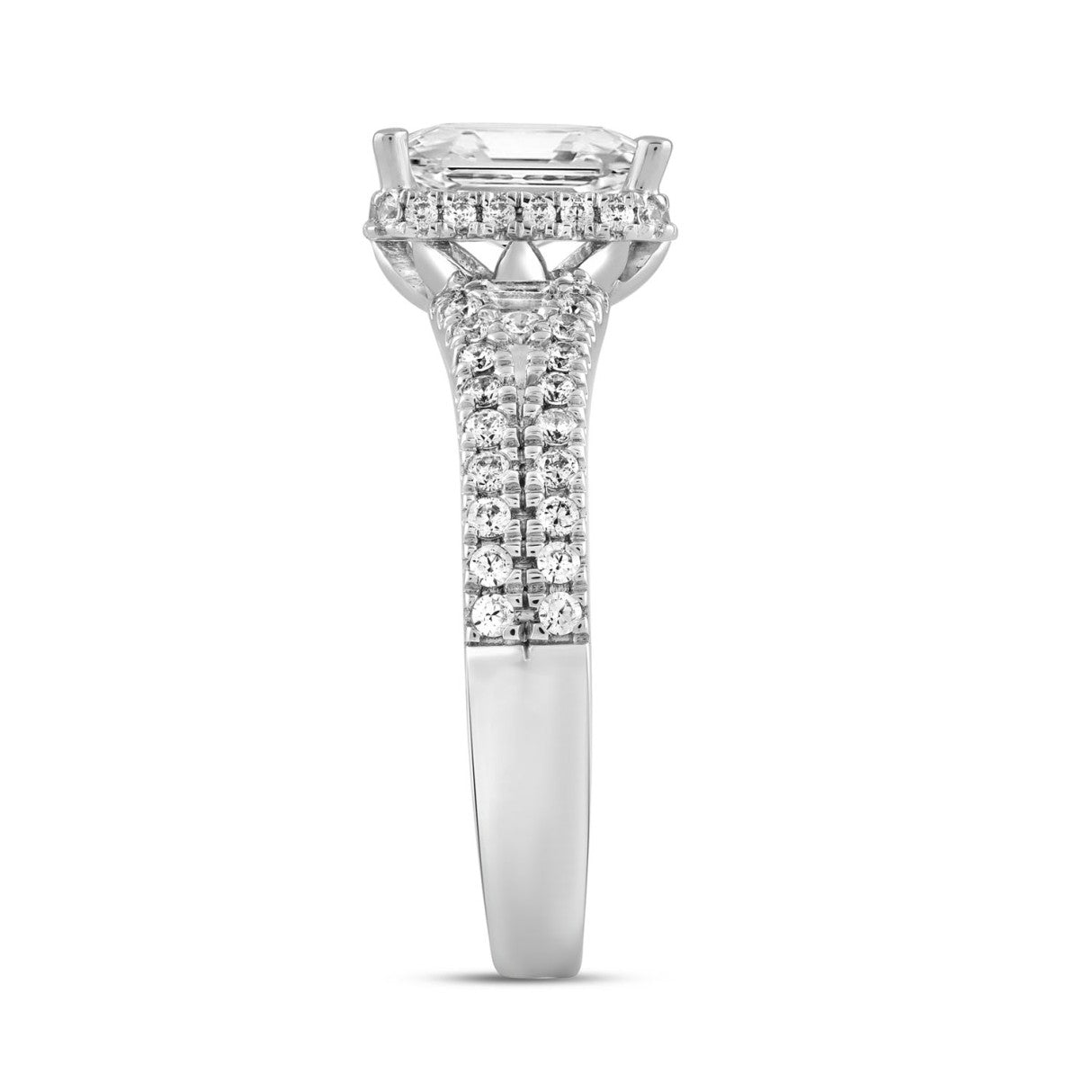 LADIES RING 2 1/2CT ROUND/BAGUETTE/EMERALD DIAMOND 14K WHITE GOLD (CENTER STONE EMERALD DIAMOND 2.00CT)