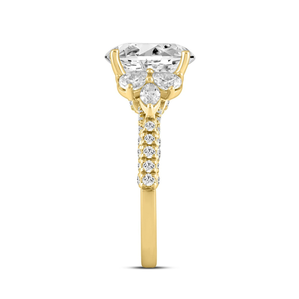 LADIES RING 4 1/3CT ROUND/PEAR/OVAL/MARQUISE DIAMOND 14K YELLOW GOLD (CENTER STONE OVAL DIAMOND 3.00CT)