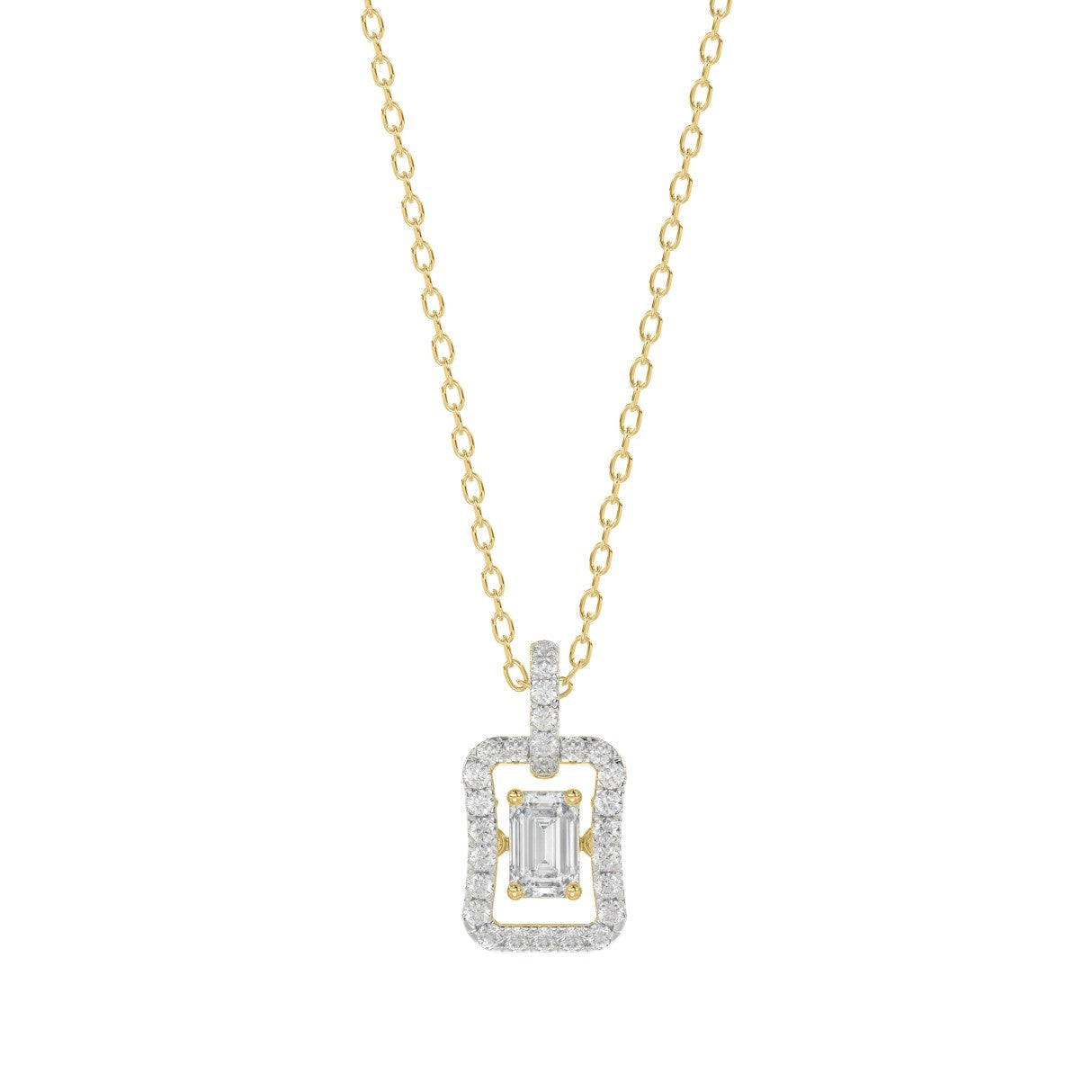 LADIES DANCING DIAMOND PENDANT WITH CHAIN 3/4CT ROUND/EMERALD DIAMOND 14K YELLOW GOLD (CENTER STONE EMERALD DIAMOND 1/2CT)