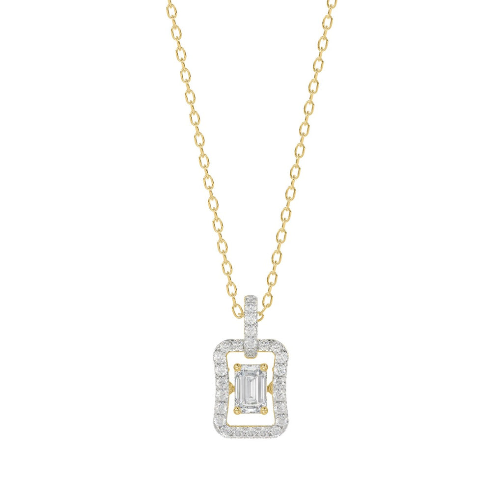 LADIES DANCING DIAMOND PENDANT WITH CHAIN 3/4CT ROUND/EMERALD DIAMOND 14K YELLOW GOLD (CENTER STONE EMERALD DIAMOND 1/2CT)