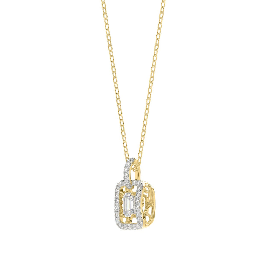 LADIES DANCING DIAMOND PENDANT WITH CHAIN 3/4CT ROUND/EMERALD DIAMOND 14K YELLOW GOLD (CENTER STONE EMERALD DIAMOND 1/2CT)