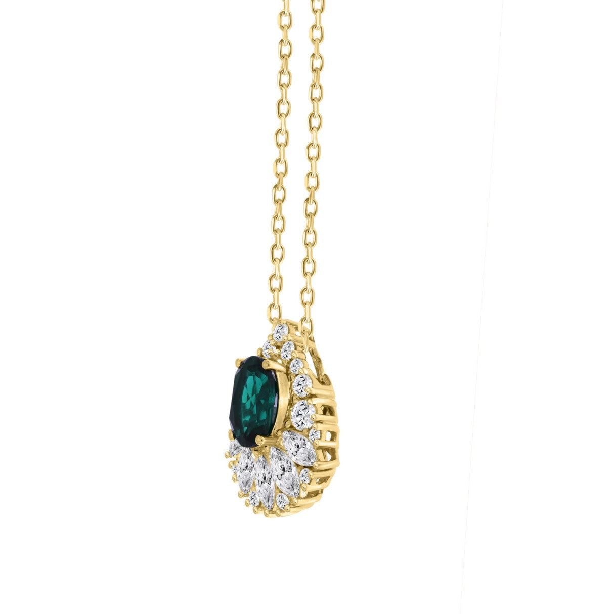 14K YELLOW GOLD 1.00CT ROUND/MARQUISE/OVAL DIAMOND LADIES PENDANT WITH CHAIN (CENTER STONE EMERALD OVAL DIAMOND 1 1/4CT)