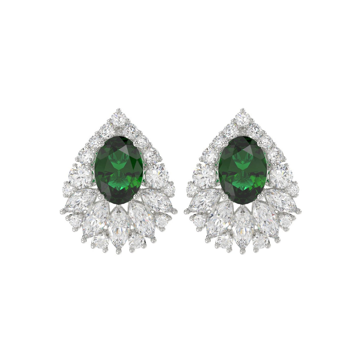 LADIES EARRINGS 4 1/2CT ROUND/MARQUISE/OVAL DIAMOND 14K WHITE GOLD (CENTER STONE GREEN EMERALD OVAL DIAMOND 2 1/2CT)