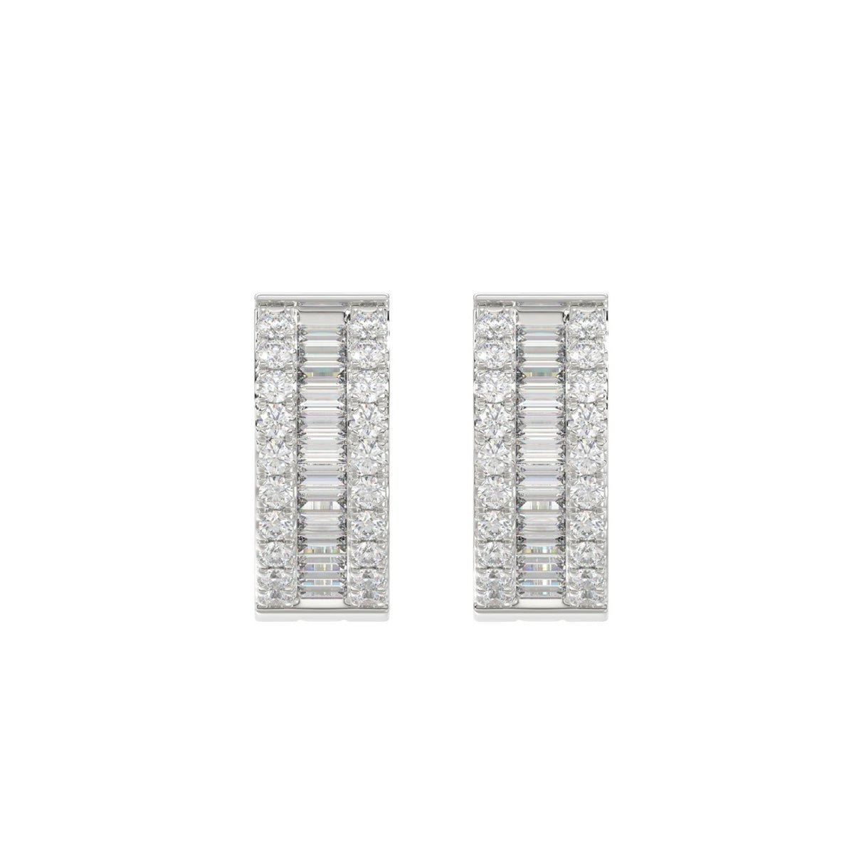 LADIES HOOP EARRINGS 3/8CT ROUND/BAGUETTE DIAMOND 14K WHITE GOLD 
