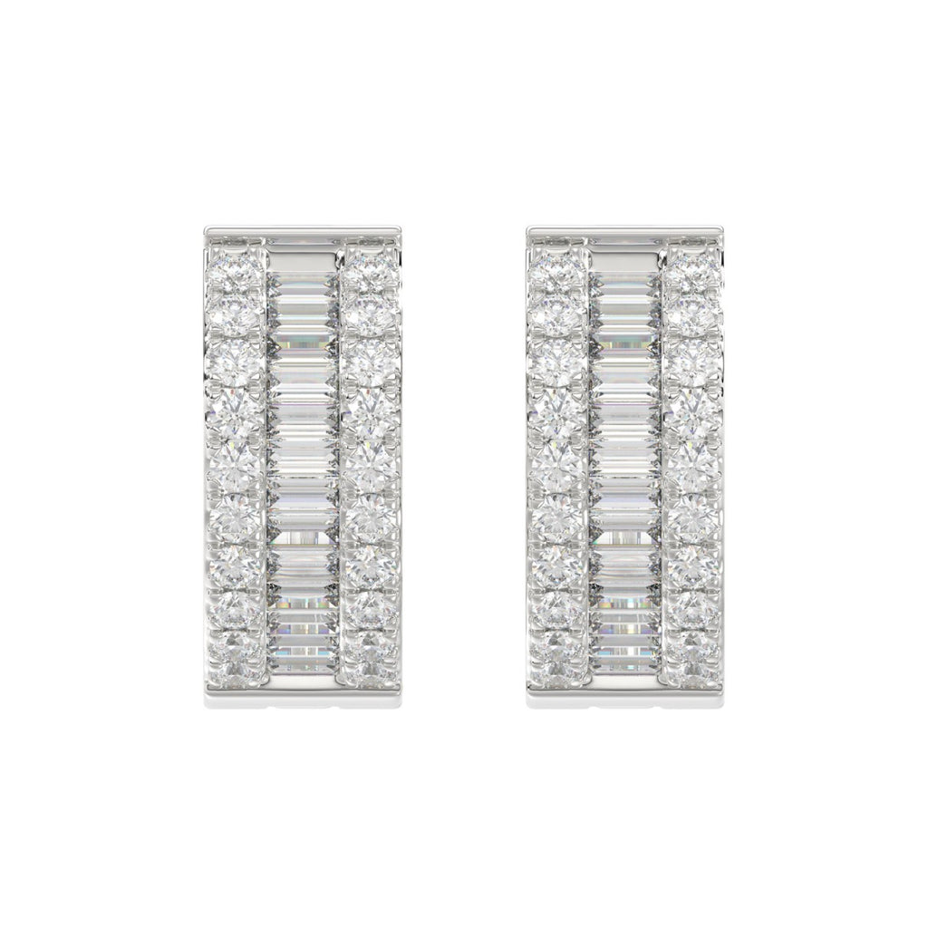 LADIES HOOP EARRINGS 3/8CT ROUND/BAGUETTE DIAMOND 14K WHITE GOLD 