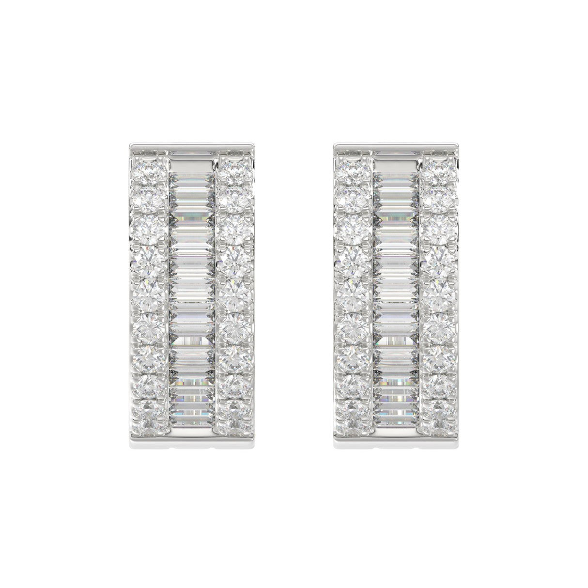 LADIES HOOP EARRINGS 3/8CT ROUND/BAGUETTE DIAMOND 14K WHITE GOLD 