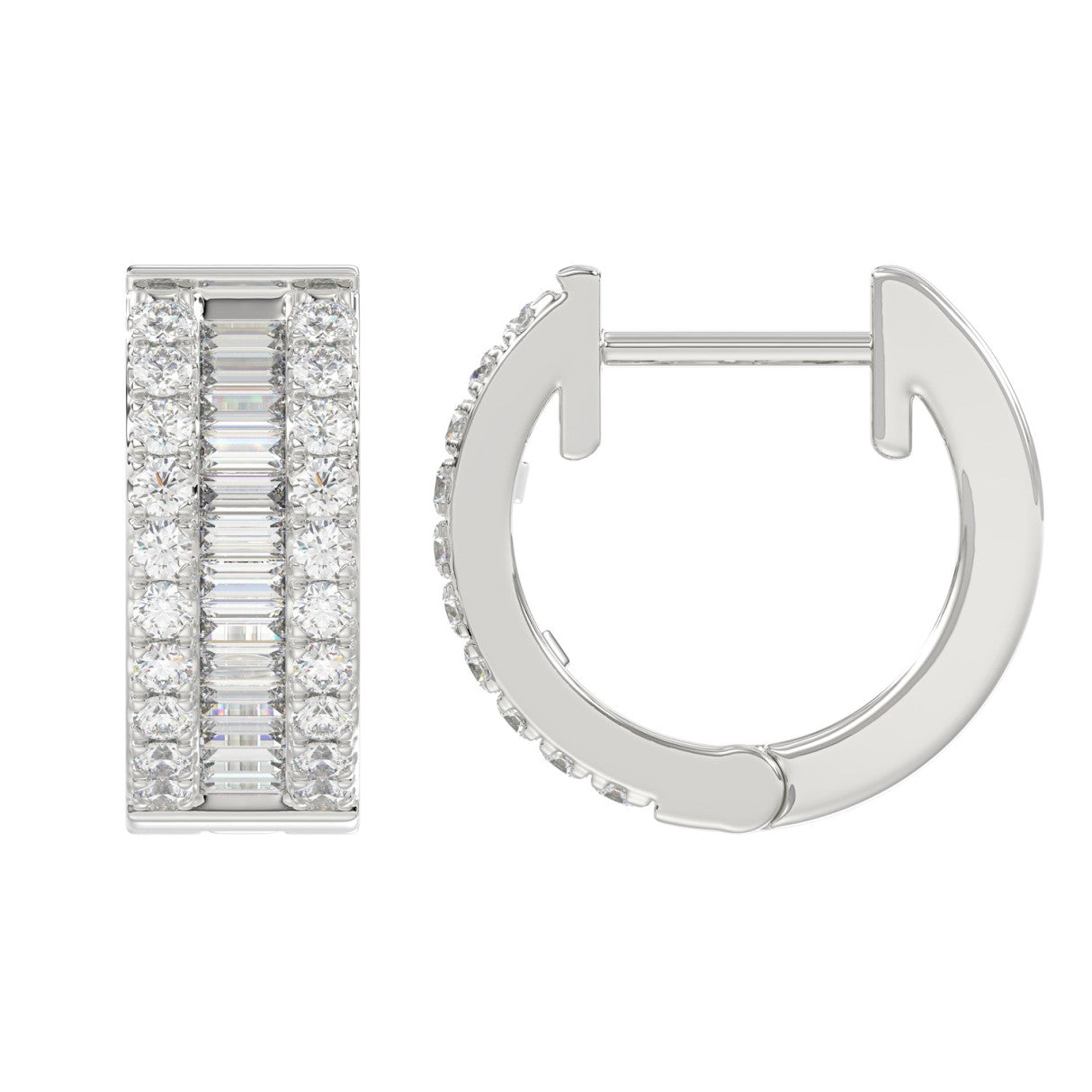 LADIES HOOP EARRINGS 3/8CT ROUND/BAGUETTE DIAMOND 14K WHITE GOLD 