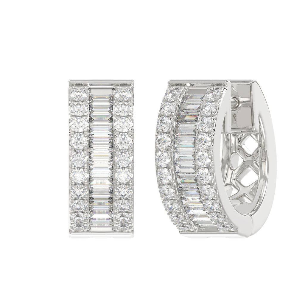 LADIES HOOP EARRINGS 3/8CT ROUND/BAGUETTE DIAMOND 14K WHITE GOLD 