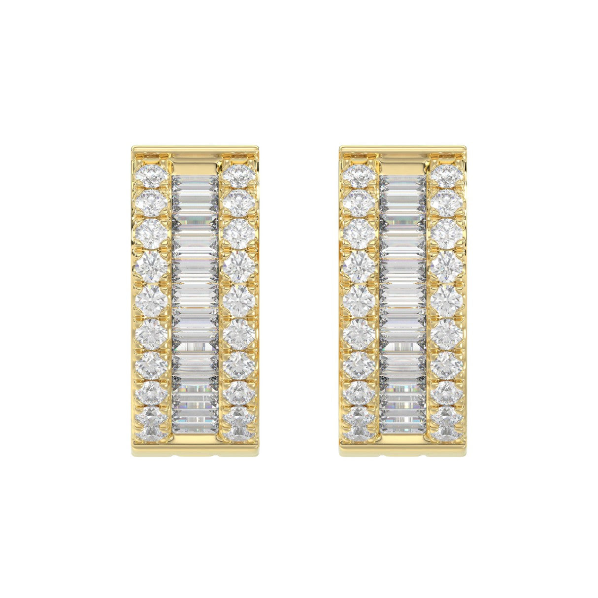 LADIES HOOP EARRINGS 3/8CT ROUND/BAGUETTE DIAMOND 14K YELLOW GOLD 