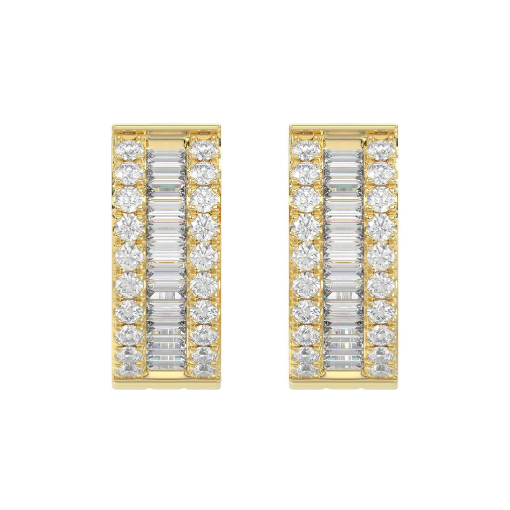 LADIES HOOP EARRINGS 3/8CT ROUND/BAGUETTE DIAMOND 14K YELLOW GOLD 