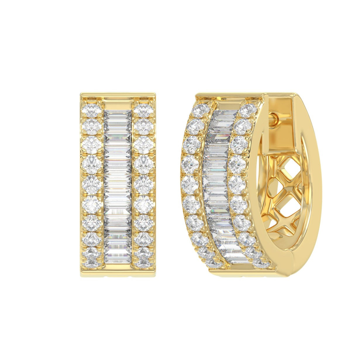 LADIES HOOP EARRINGS 3/8CT ROUND/BAGUETTE DIAMOND 14K YELLOW GOLD 