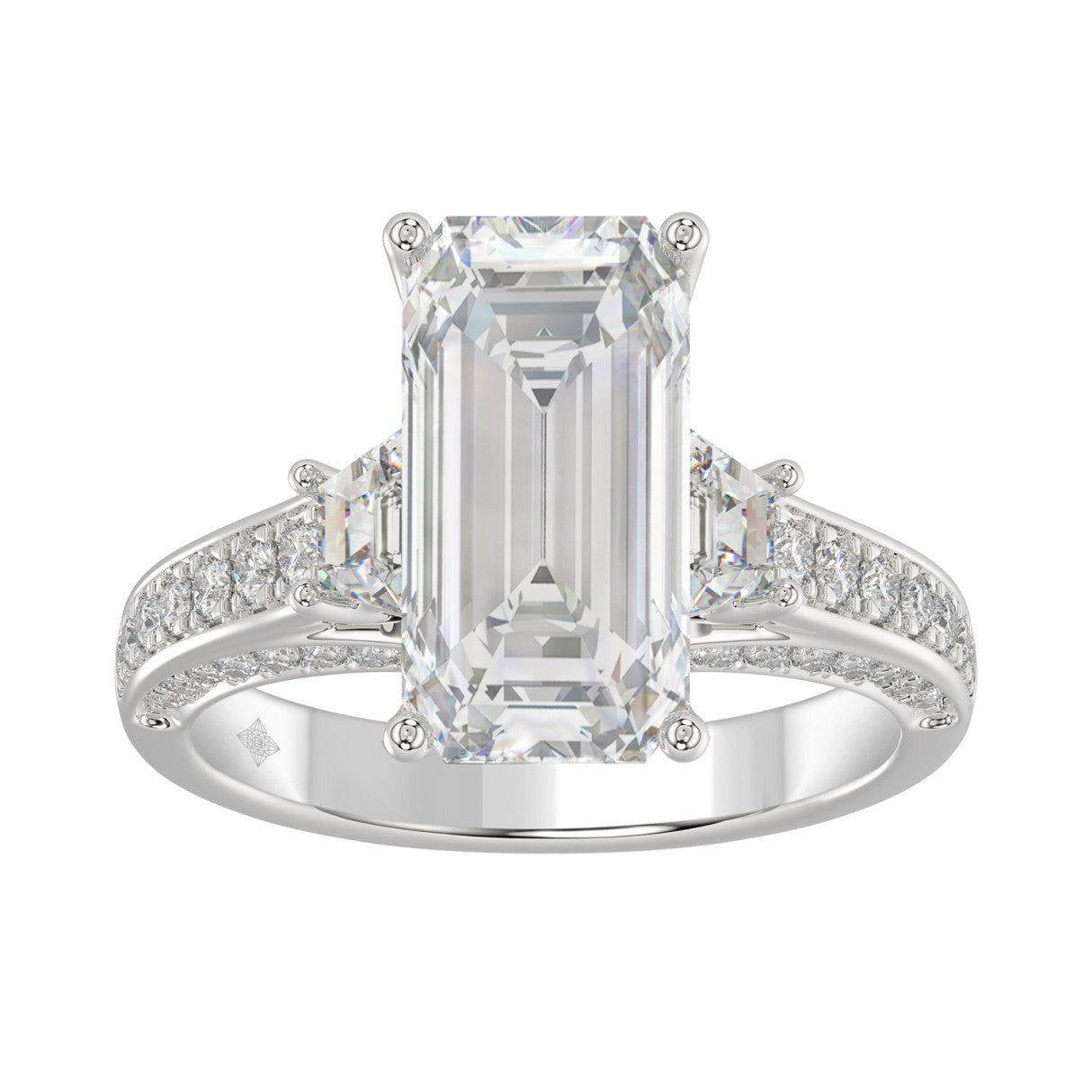 Luxury 14K White Gold Ladies Diamond Ring 4.00CT Round, Emerald & Pink Baguette, Trapezoid Diamonds with 3.00CT Emerald  Center stone (Color F-G -Clarity VS1/VS2)