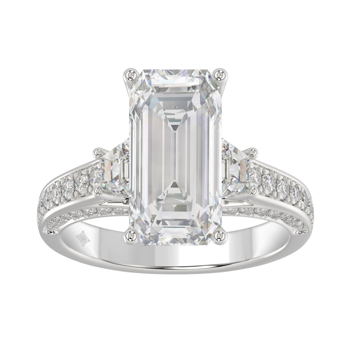 Luxury 14K White Gold Ladies Diamond Ring 4.00CT Round, Emerald &amp; Baguette Diamonds with 3.00CT Emerald  Center stone (Color F-G -Clarity VS1/VS2)