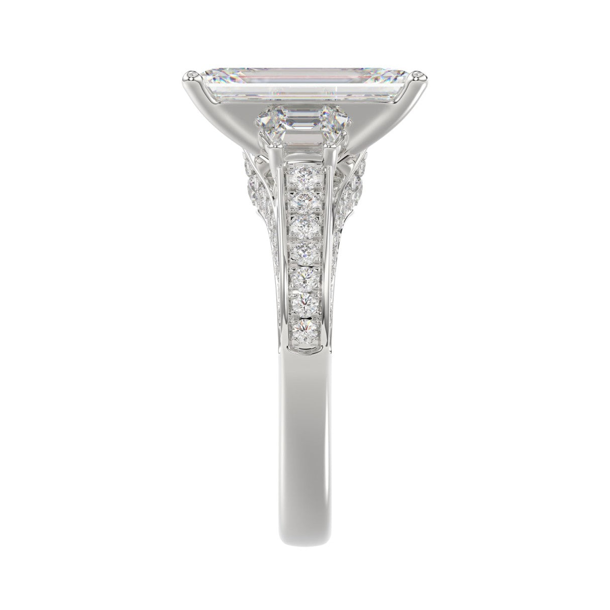 Luxury 14K White Gold Ladies Diamond Ring 4.00CT Round, Emerald & Pink Baguette, Trapezoid Diamonds with 3.00CT Emerald  Center stone (Color F-G -Clarity VS1/VS2)